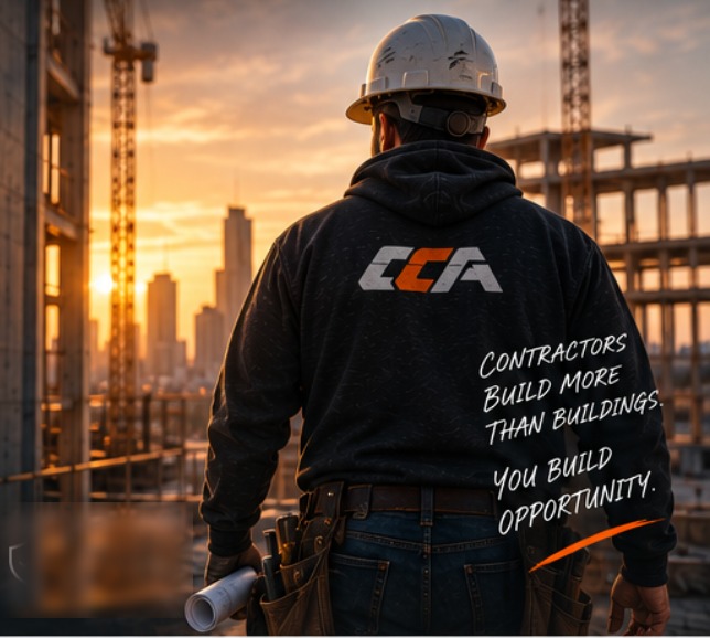 Contractor in a CCA hoodie and hard hat overlooking a construction site at sunset