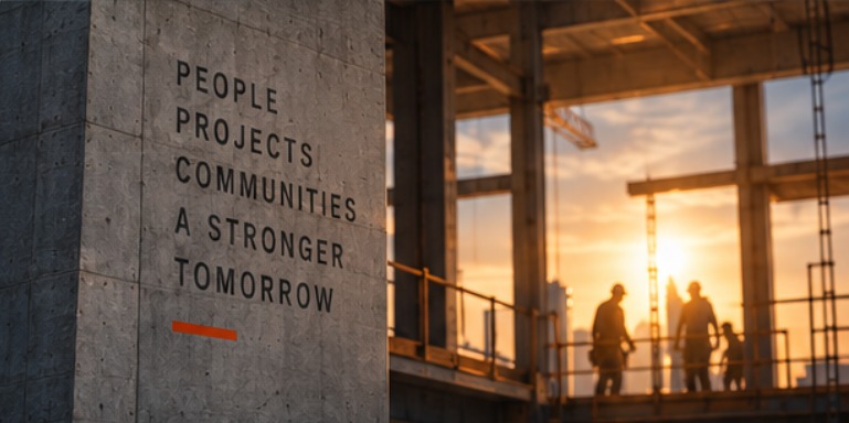 Concrete pillar reading People, Projects, Communities, A Stronger Tomorrow beside a construction site at sunset