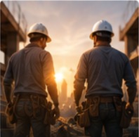 Two contractors on a job site at sunrise